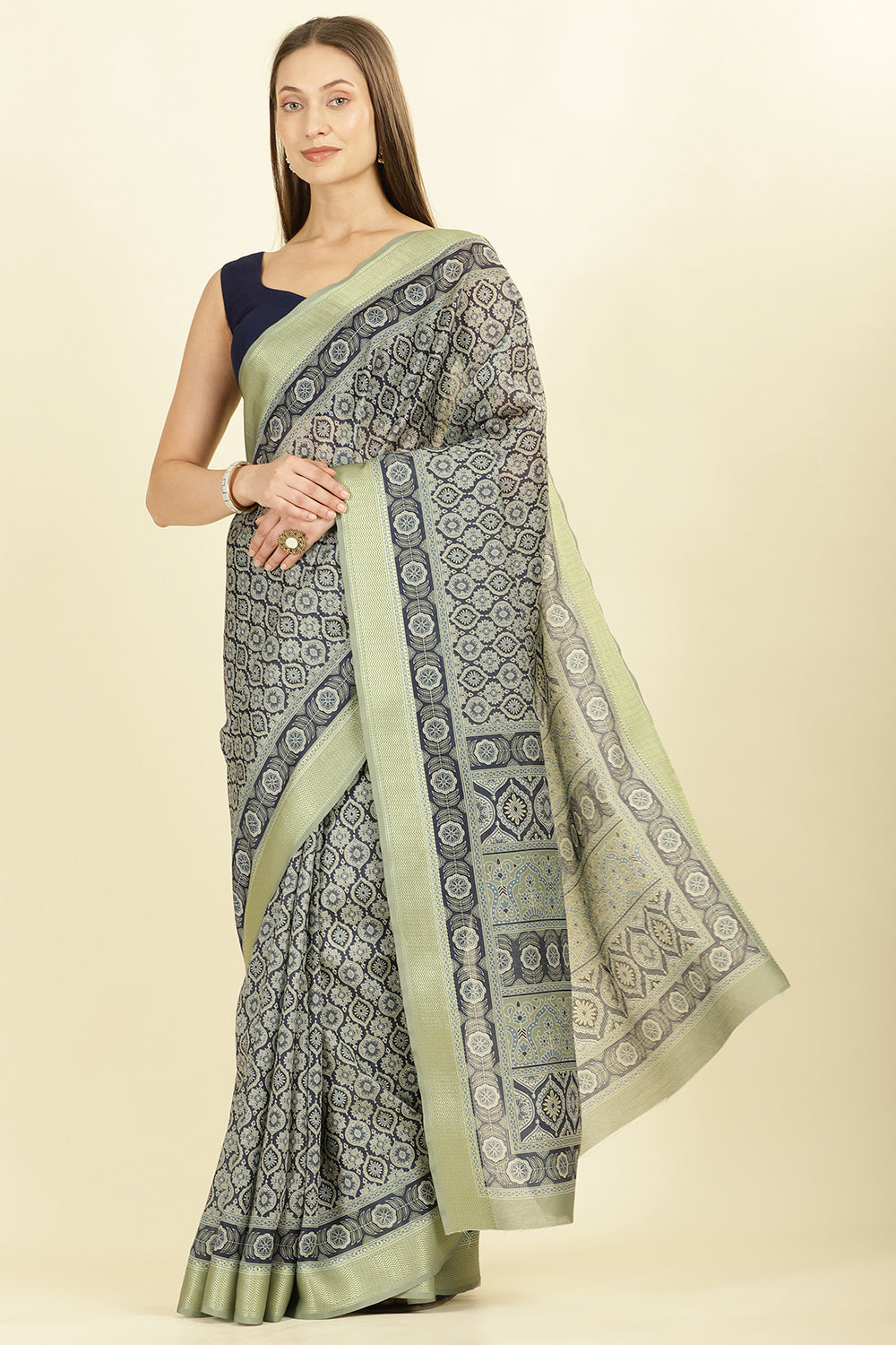Navy Ajrakh Block Printed Cotton Saree