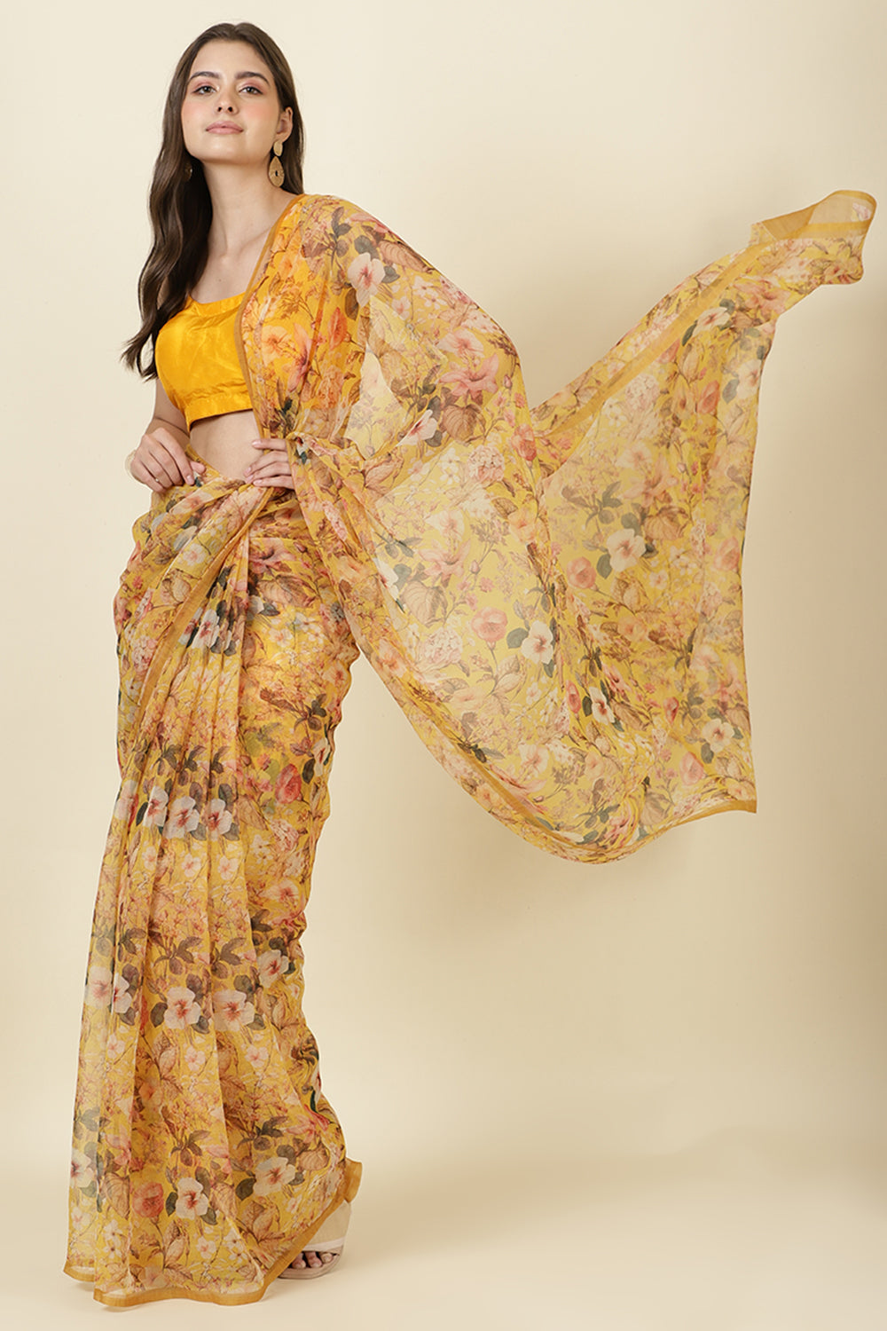 Mustard Floral Printed Chiffon Saree