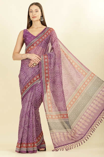 Purple Bandhani Printed Cotton Saree