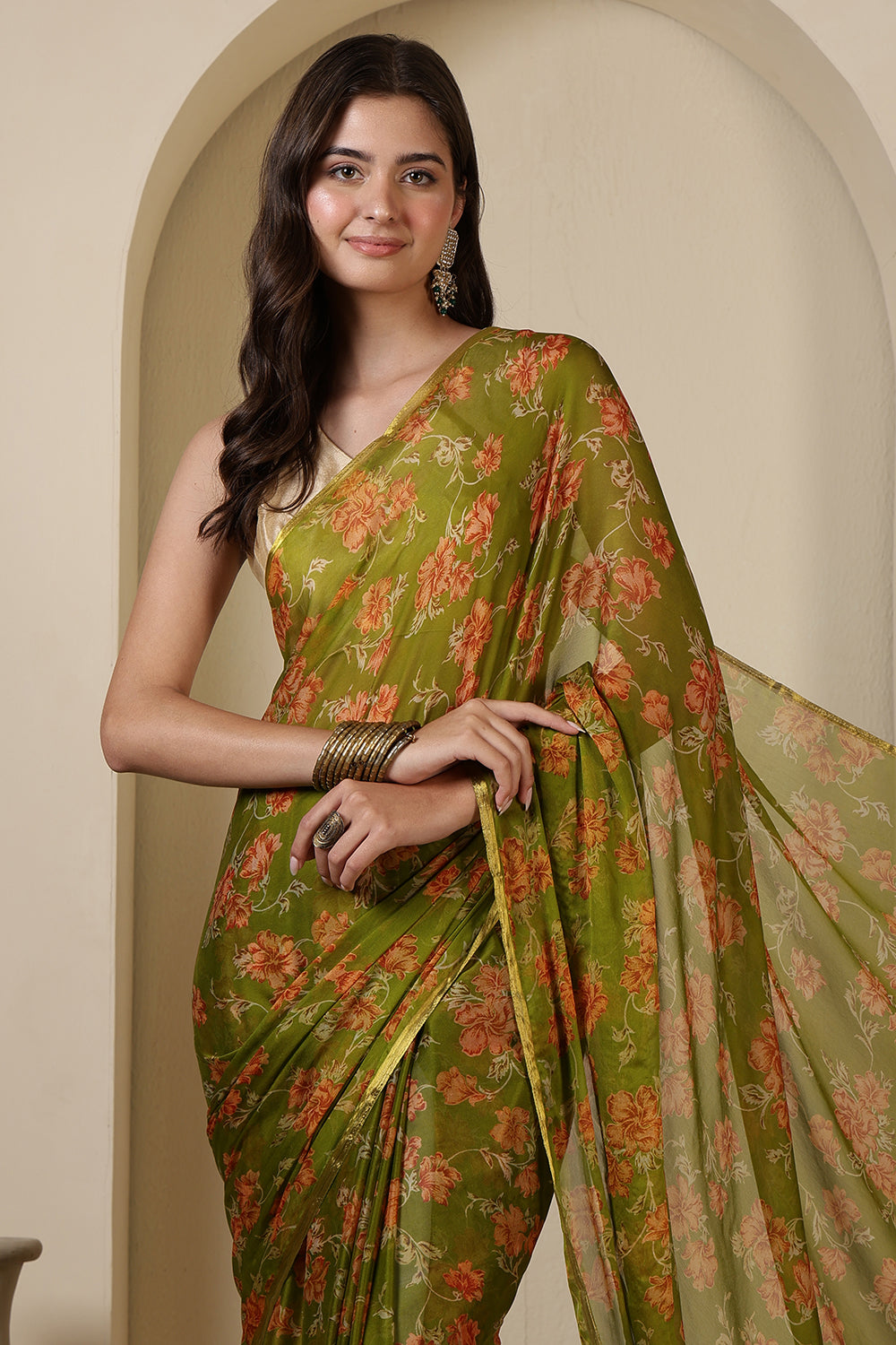 Olive Green  Chiffon Floral Zari Border & Floral Printed Saree