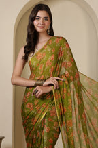 Olive Green  Chiffon Floral Zari Border & Floral Printed Saree