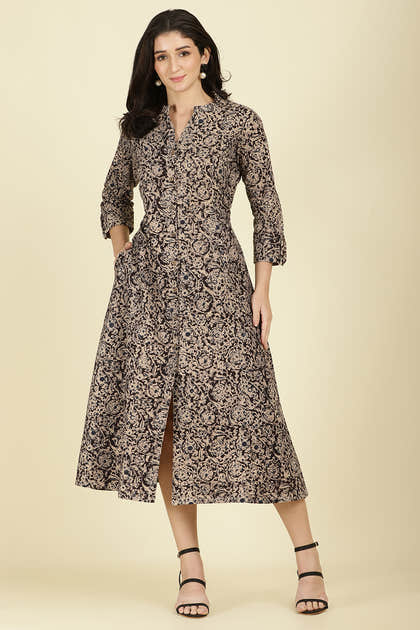 Black Cotton Kalamkari Printed Peonies Dress