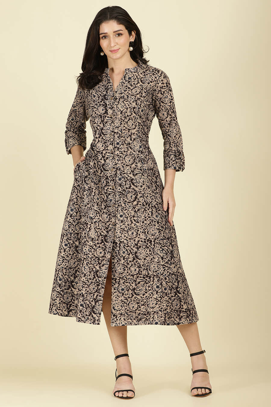 Black Cotton Kalamkari Printed Peonies Dress