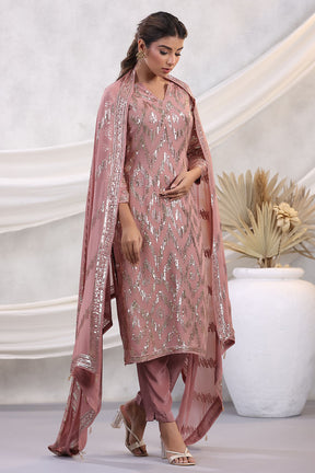 Dusty Pink Color Embroidered Georgette Unstitched Suit Material