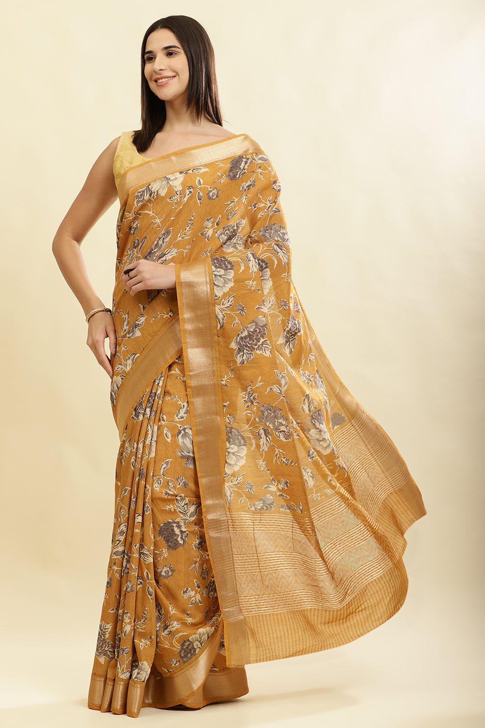 Mustard Cotton Silk Floral Printed & Zari Border Saree