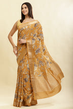 Mustard Cotton Silk Floral Printed & Zari Border Saree