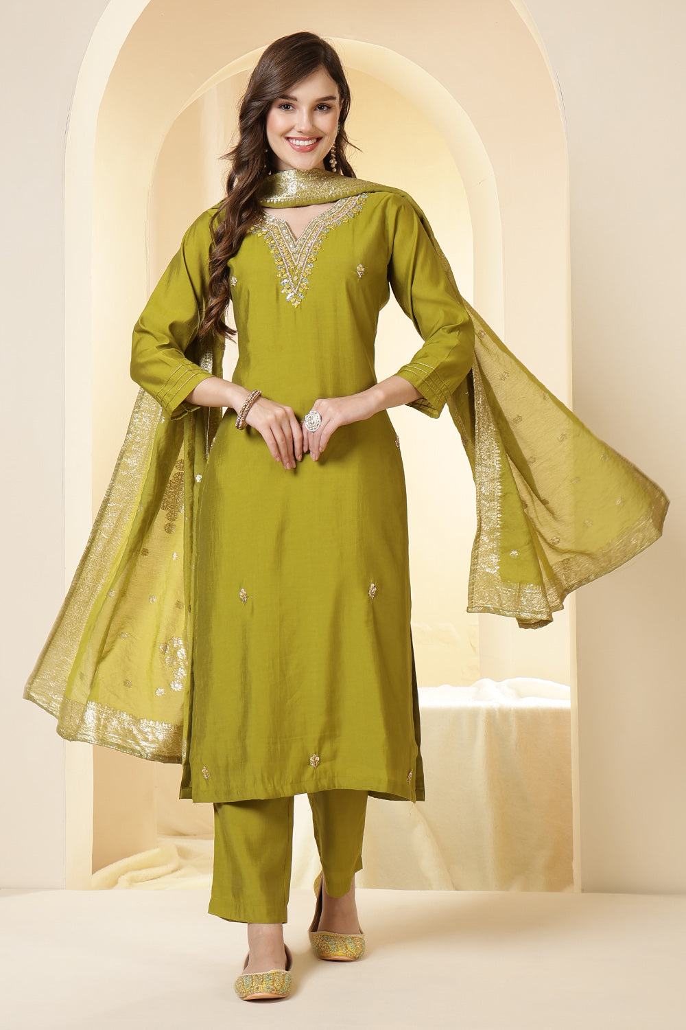 Green Silk Embroidered Suit Set