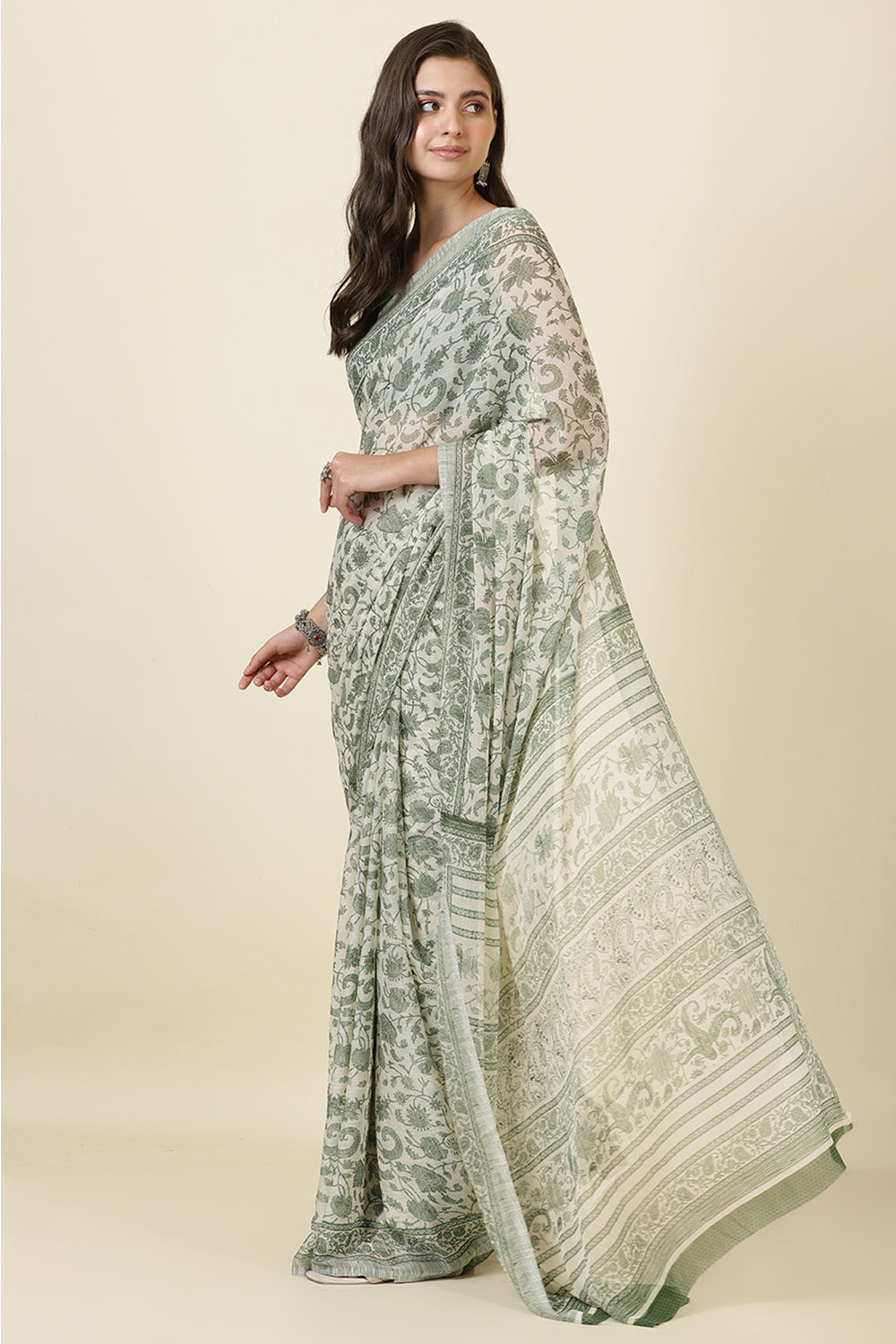 White & Green Georgette Floral Printed Saree