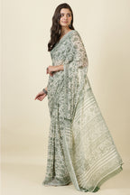White & Green Georgette Floral Printed Saree