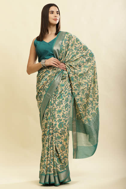 Beige & Teal Cotton Silk Floral Printed Saree