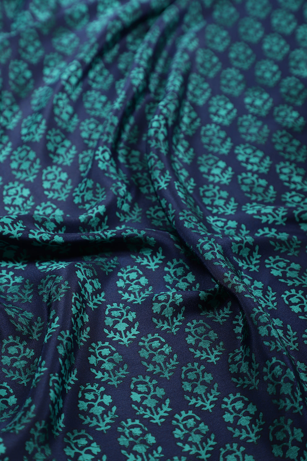 Navy & Teal Floral Printed Crepe Saree