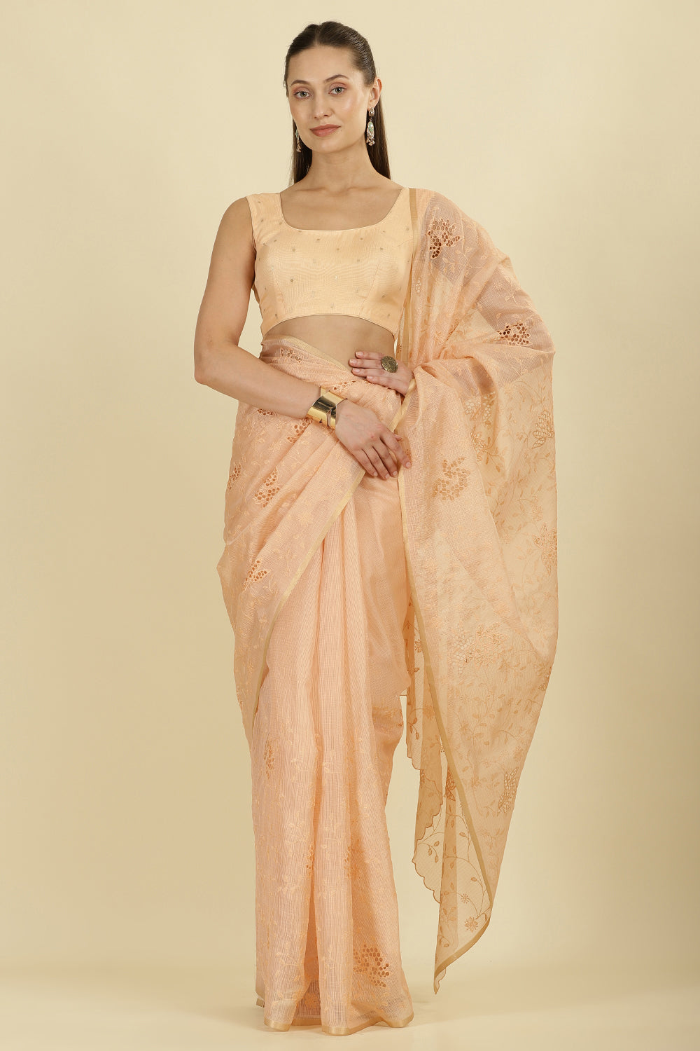 Light Peach Floral Resham Embroidered Cotton Saree