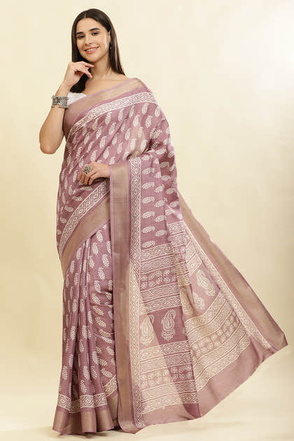 Mauve Cotton Silk Boota Printed And Zari Woven Saree