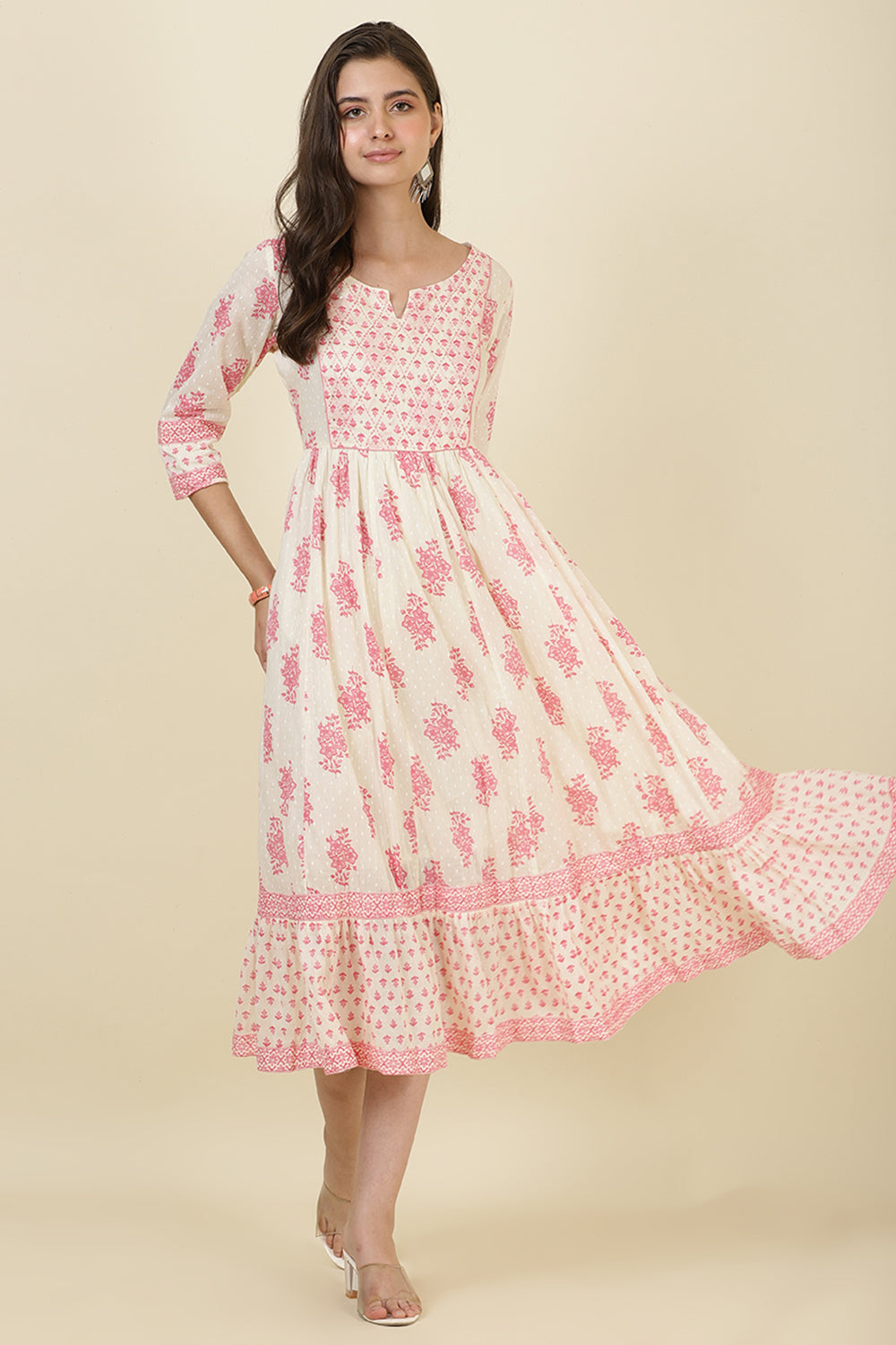 Cream & Pink Cotton Printed (Peonies) Anarkali Kurti