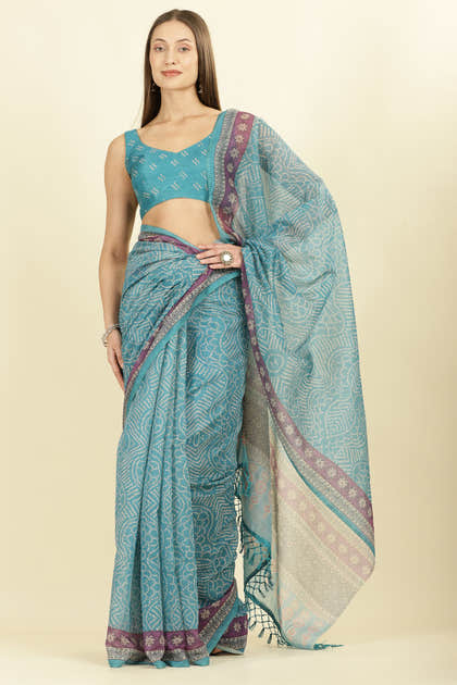 Teal Bandhani Printed Cotton Saree