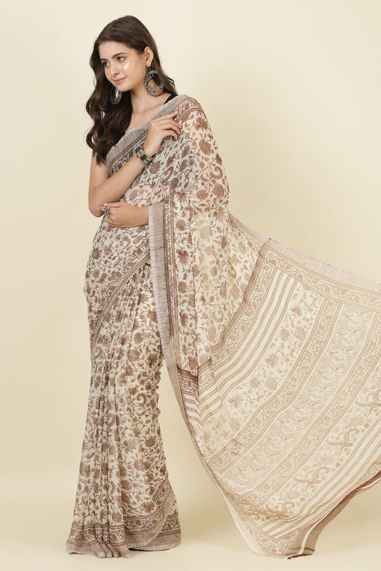 White & Brown Georgette Floral Printed Saree