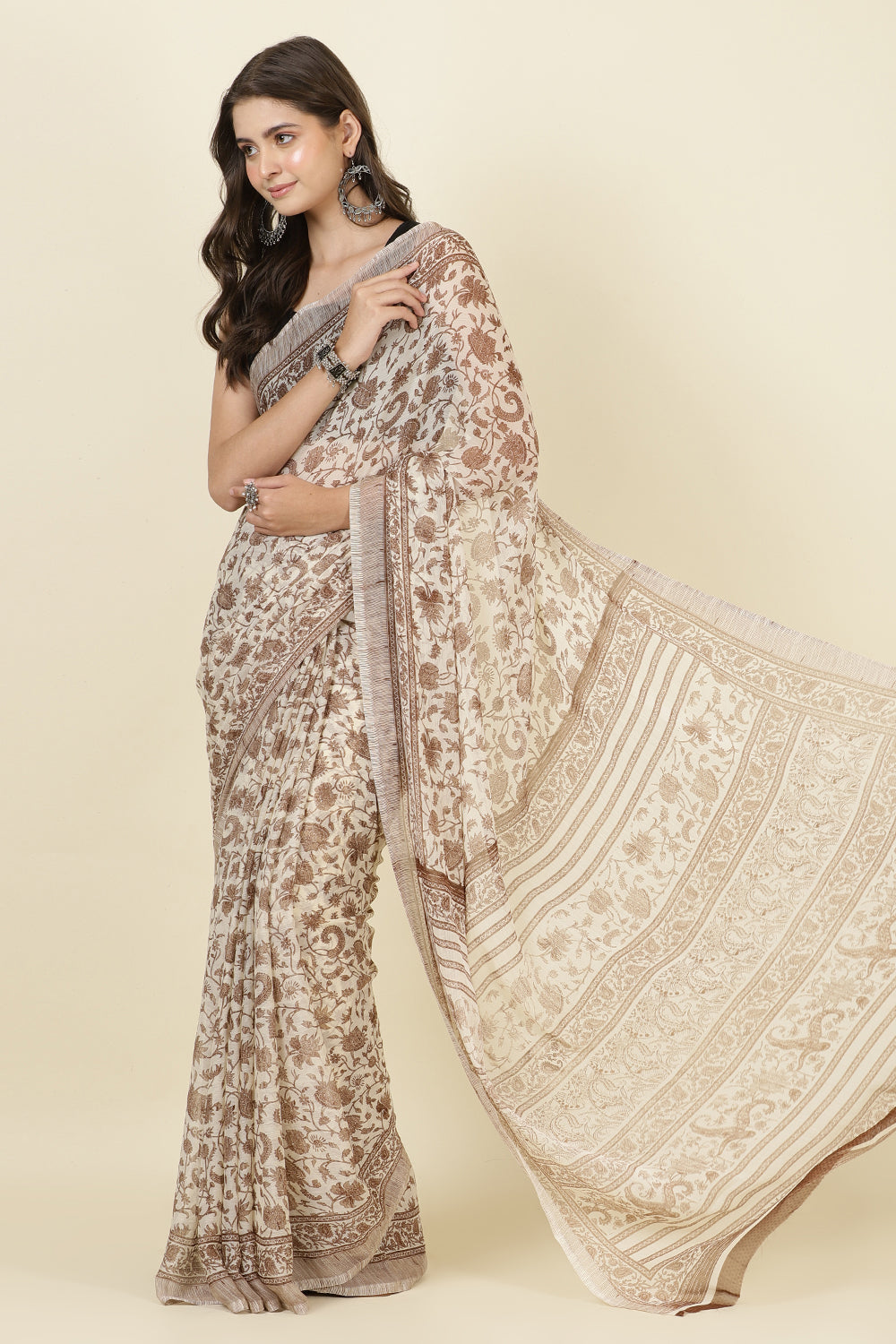 White & Brown Georgette Floral Printed Saree