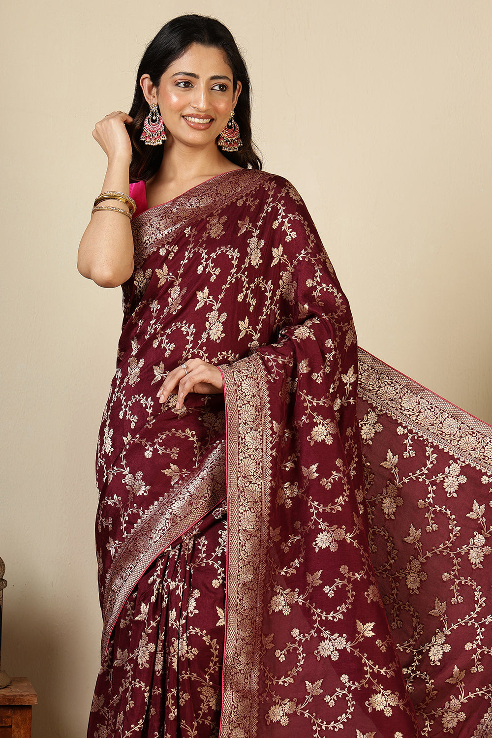 Dark Scarlet Banarasi Silk Zari Floral Zaal Woven Saree
