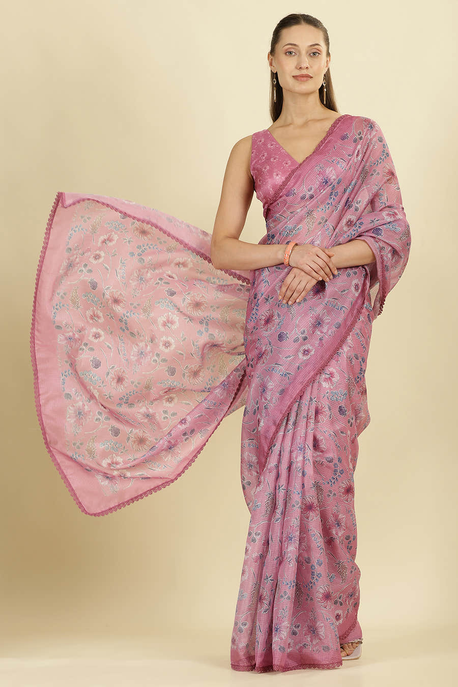 Muted Pink Organza Floral Printed And Lace Work Saree