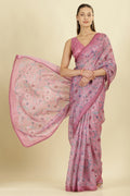 Muted Pink Organza Floral Printed And Lace Work Saree