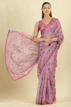 Muted Pink Organza Floral Printed And Lace Work Saree