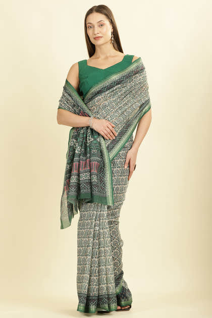 Green Ajrakh Block Printed Cotton Saree