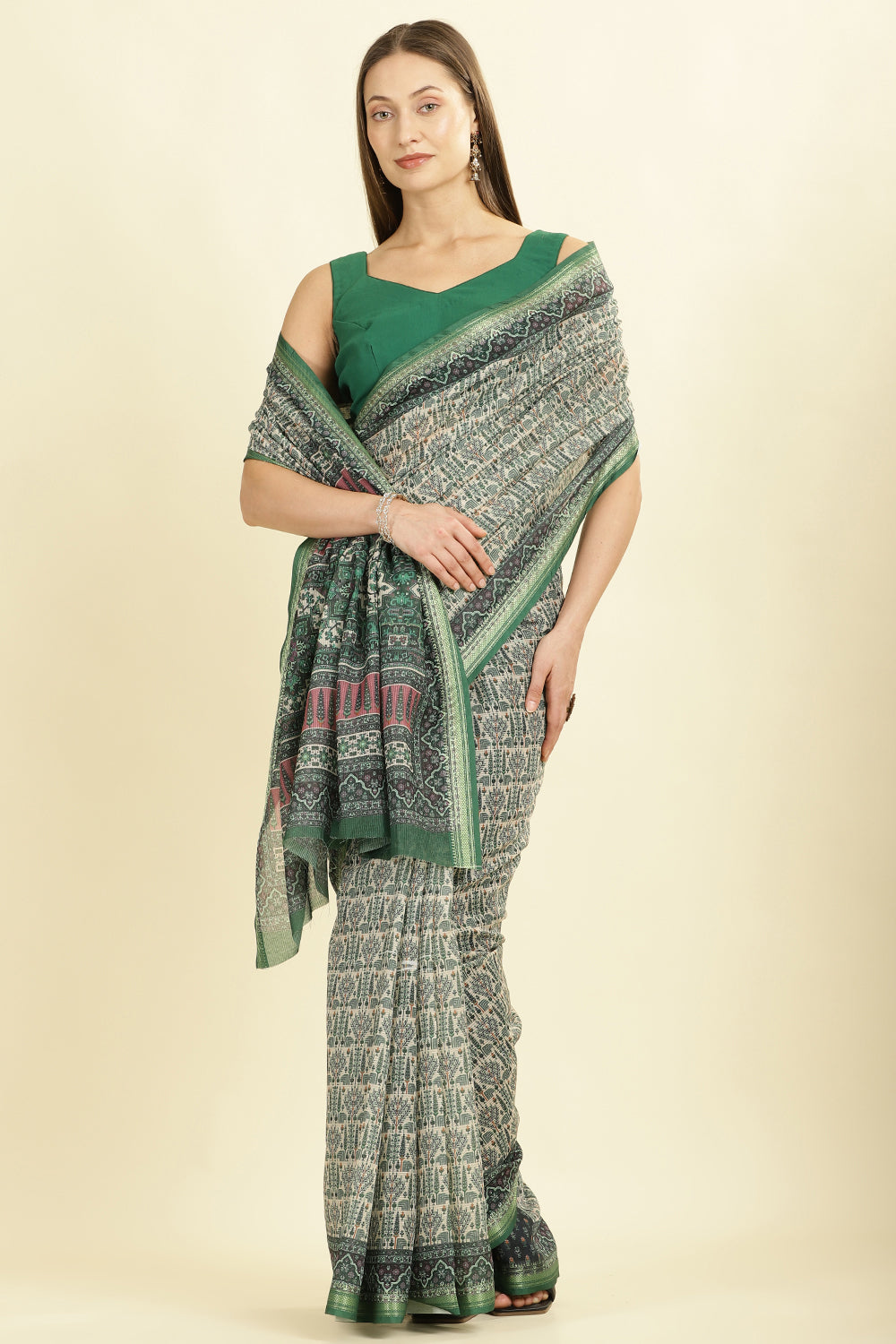 Green Ajrakh Block Printed Cotton Saree