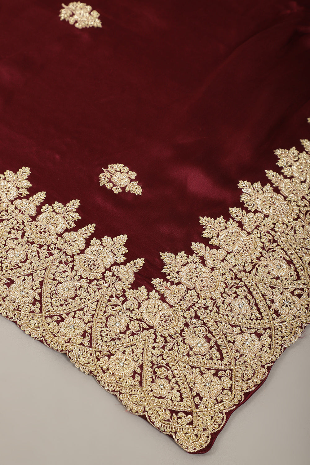 Burgundy Color Pure Satin Crepe Saree with Zardozi Handwork