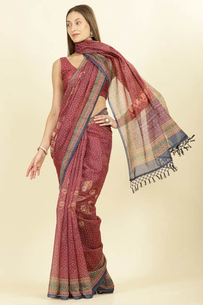 Maroon Organza Cotton Bandhani Block Printed Saree