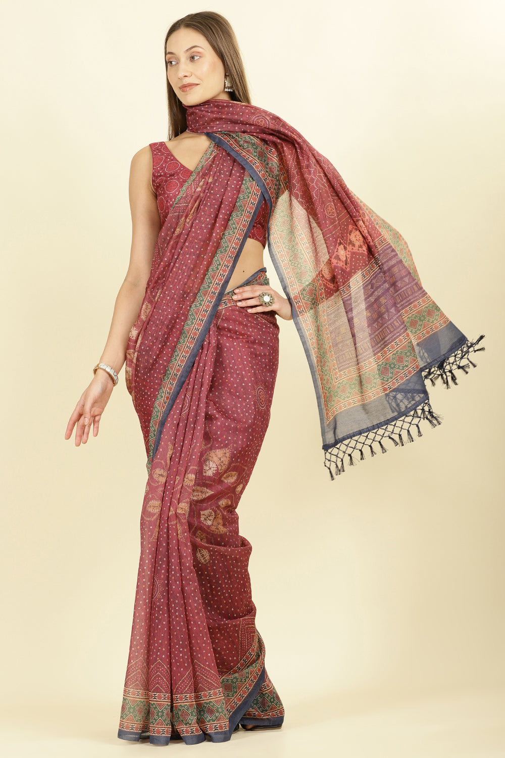 Maroon Organza Cotton Bandhani Block Printed Saree