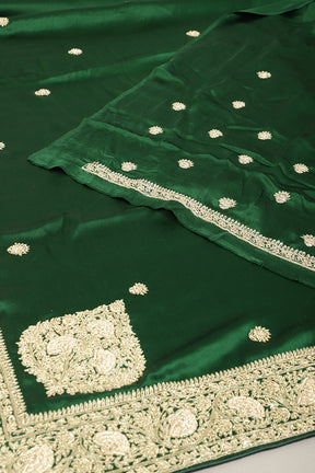 Bottle Green Color Pure Satin Crepe Saree with Zardozi Handwork & Paisley Buta