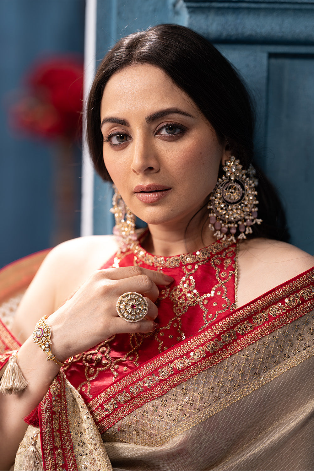 Beige Pure Metallic Tissue Sequins And Zari Embroidered Saree