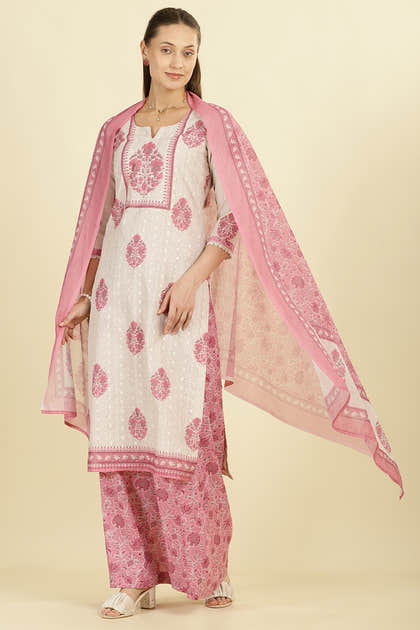 Cream & Pink  Chanderi Cotton Hacoba Style & Floral Printed Unstitched Suit Material