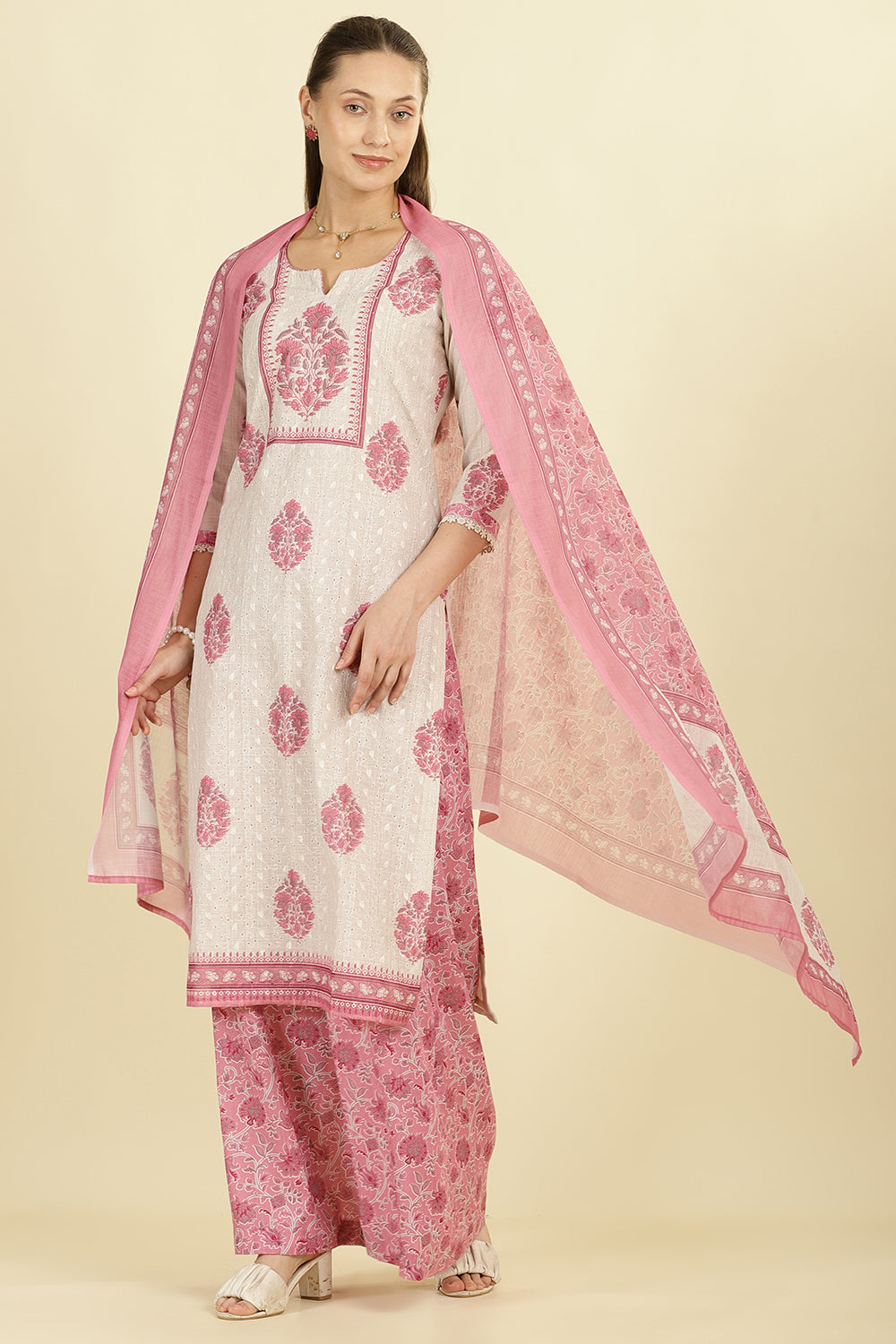 Cream & Pink  Chanderi Cotton Hacoba Style & Floral Printed Unstitched Suit Material
