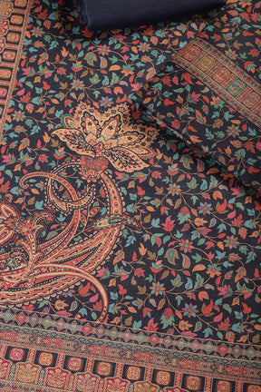 Navy Pashmina Floral Printed Unstitched Suit Fabric