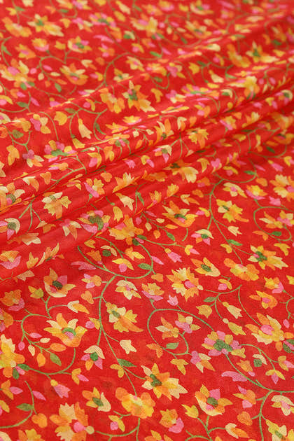 Red Color Chiffon Floral Zari Border Printed Saree