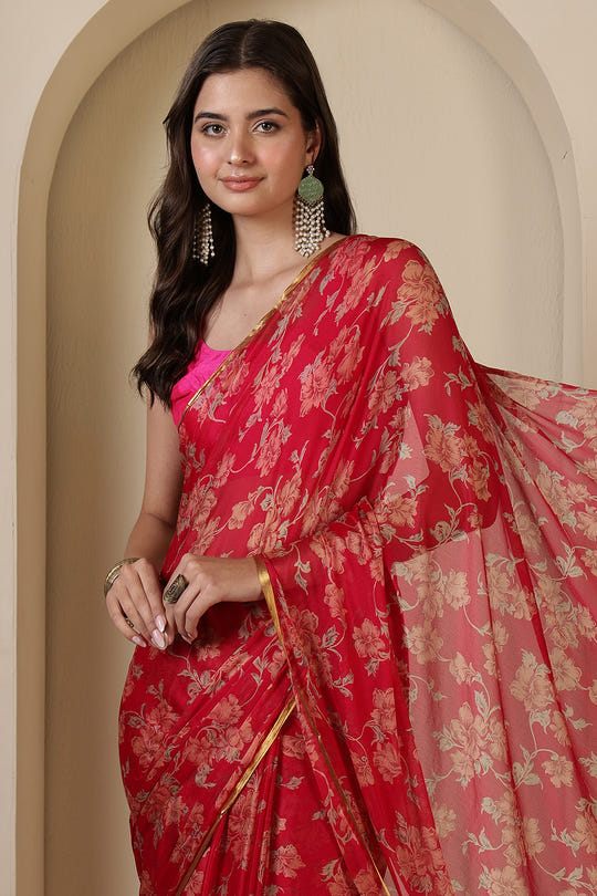 Rani Chiffon Floral Zari Border & Floral Printed Saree