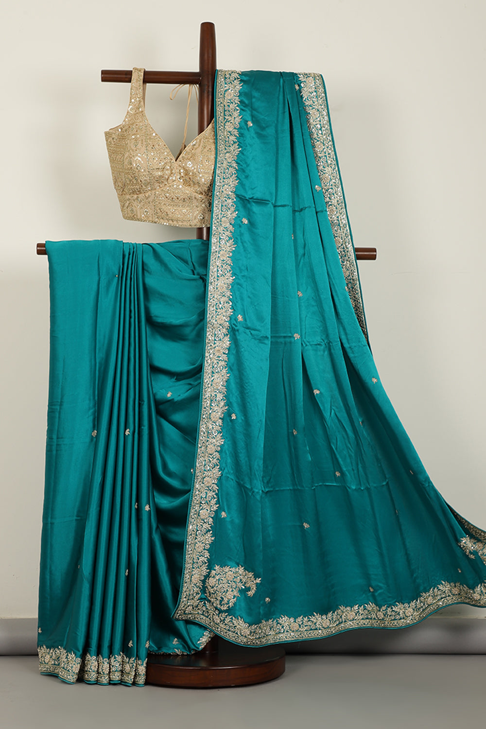 Firozi Colr Pure Satin Crepe Saree with Zardozi Handwork