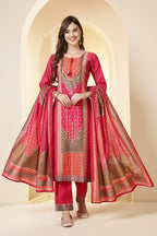Fushia Pink Color Printed Silk Embroidered Suit Set
