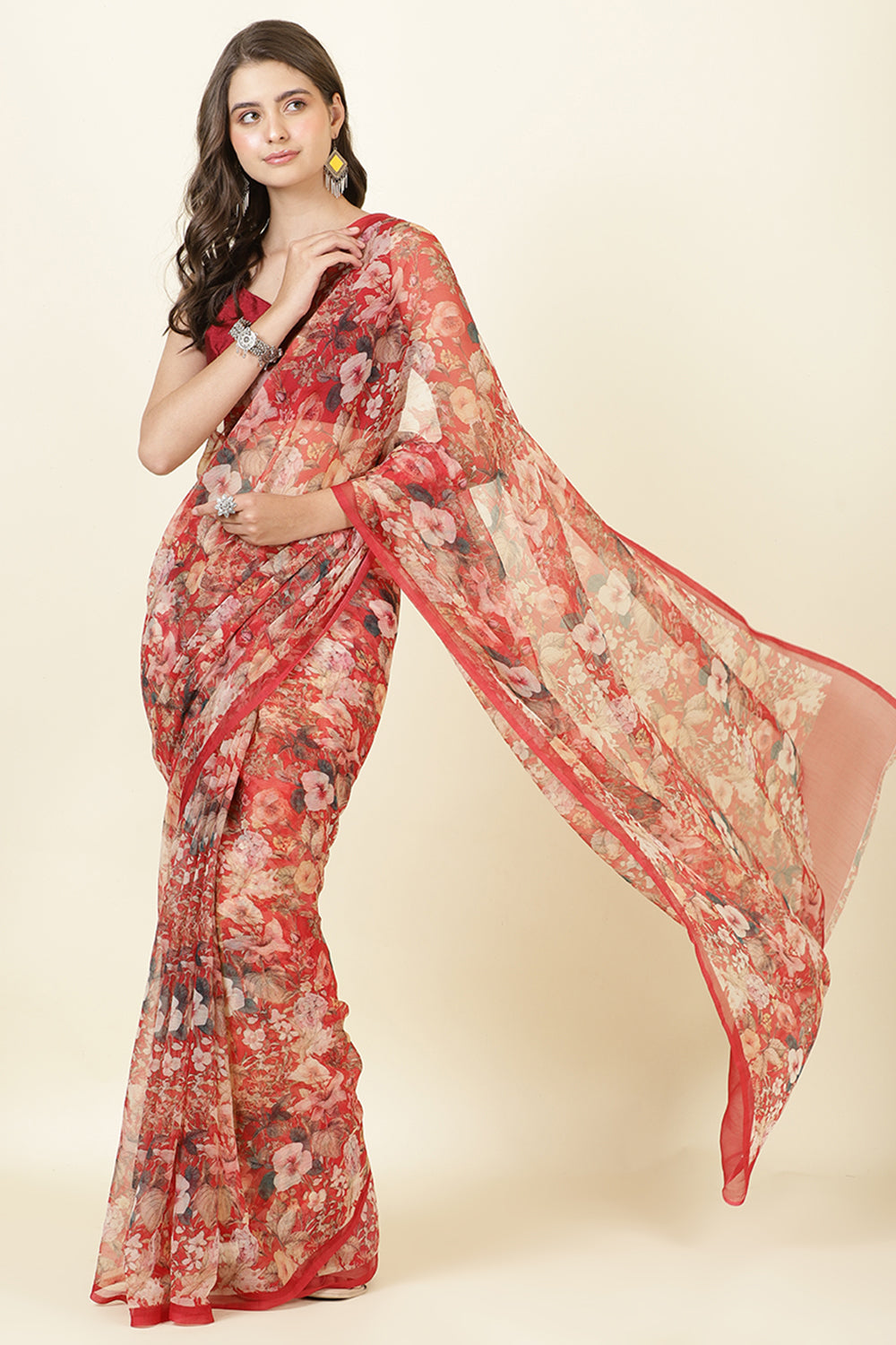 Red Floral Printed Chiffon Saree
