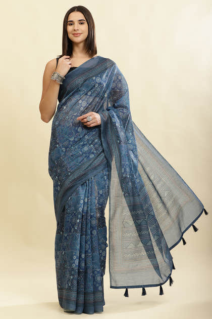 Blue Cotton Silk Printed Saree