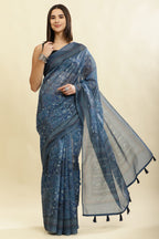 Blue Cotton Silk Printed Saree