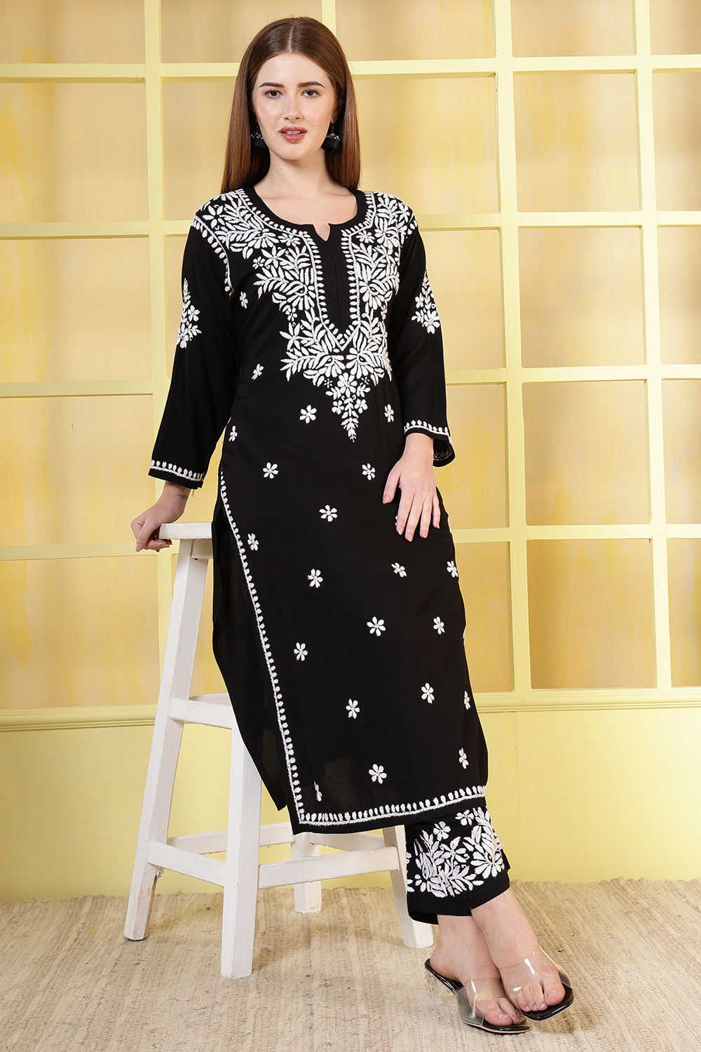 Black Rayon Resham Embroidered Kurti Set