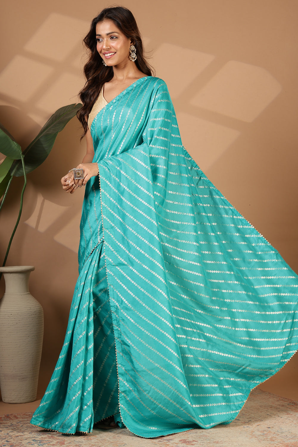 Turquoise  Modal Silk Saree with Zari Pinstripes
