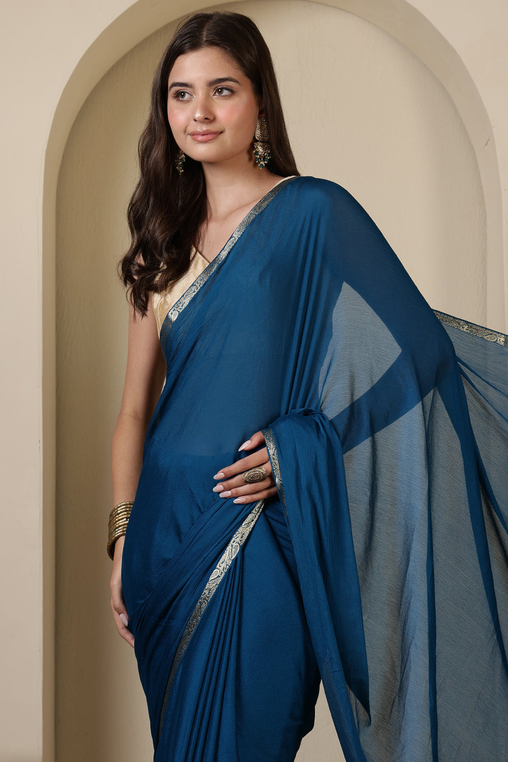 Blue Chiffon Zari Border Saree
