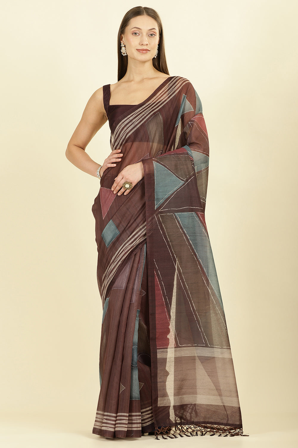 Brown Organza Cotton Printed Saree