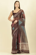 Brown Organza Cotton Printed Saree