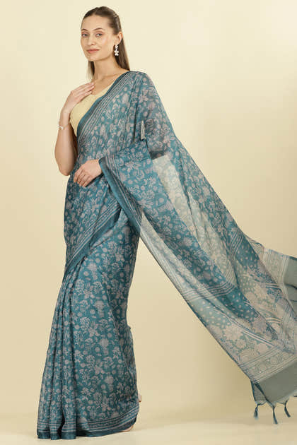 Teal Kota Cotton Floral Jaal Printed Saree