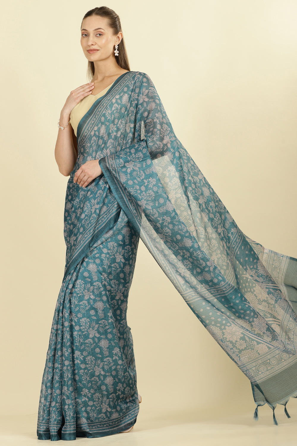 Teal Kota Cotton Floral Jaal Printed Saree