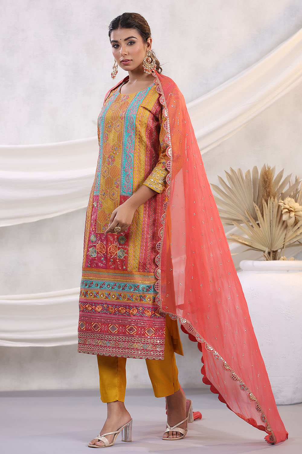 Mustard Color Embroidered Silk Unstitched Suit Fabric